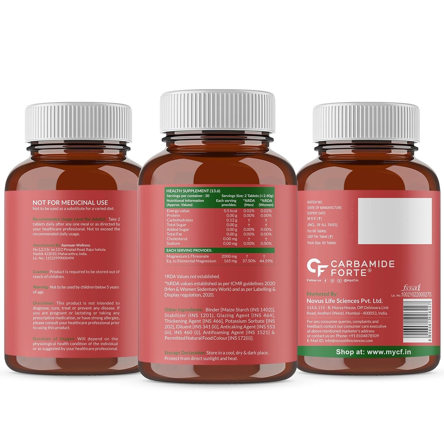 Carbamide Forte L Threonate 2000mg Per Serving | Magnesium Supplement for Memory, Focus & Better Sleep â€“ 60 Veg Magnesium Tablets