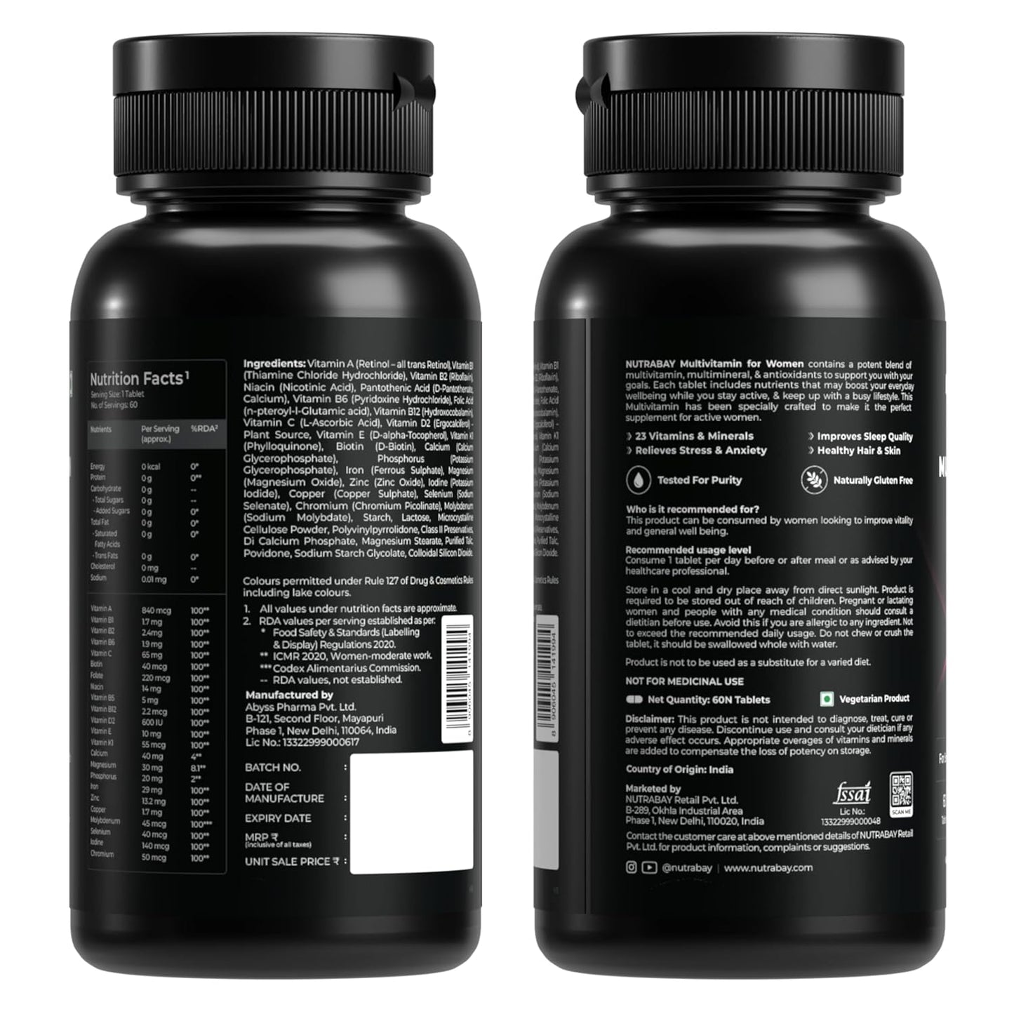 Nutrabay Pro Active Multivitamin for Women â€“ Effective Doses of Iron, Vitamin A, B5, B6, C, D, E & K and Minerals â€“ Immunity, Hair, Skin & Bone Support â€“ 60 Tablets | 100% RDA Dosage | Purity Tested