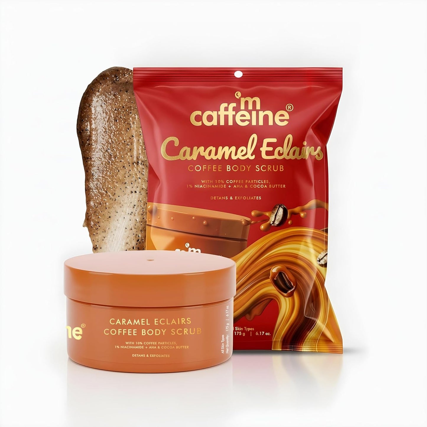 mCaffeine Caramel Eclairs Coffee Body Scrub for Removing Tan & Dead Skin| 10% Coffee Grounds, AHA- Glycolic & Lactic Acid | Smooth, Soft & Bright Skin| Sweet Caramel Fragrance - 175g