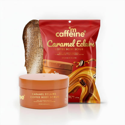 mCaffeine Caramel Eclairs Coffee Body Scrub for Removing Tan & Dead Skin| 10% Coffee Grounds, AHA- Glycolic & Lactic Acid | Smooth, Soft & Bright Skin| Sweet Caramel Fragrance - 175g