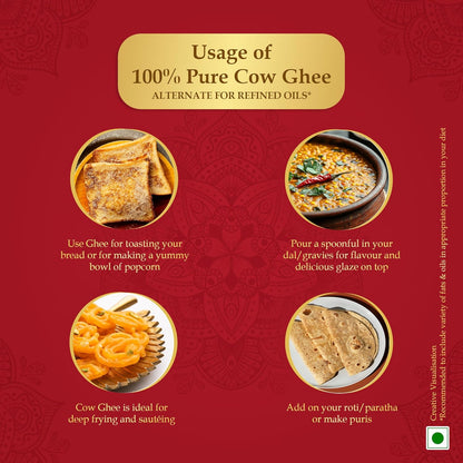 Dabur 100% Pure Cow Ghee - 1l (902g) | Daanedaar with Rich Aroma | Rich in Vitamin A | Provides Energy/Source of Energy