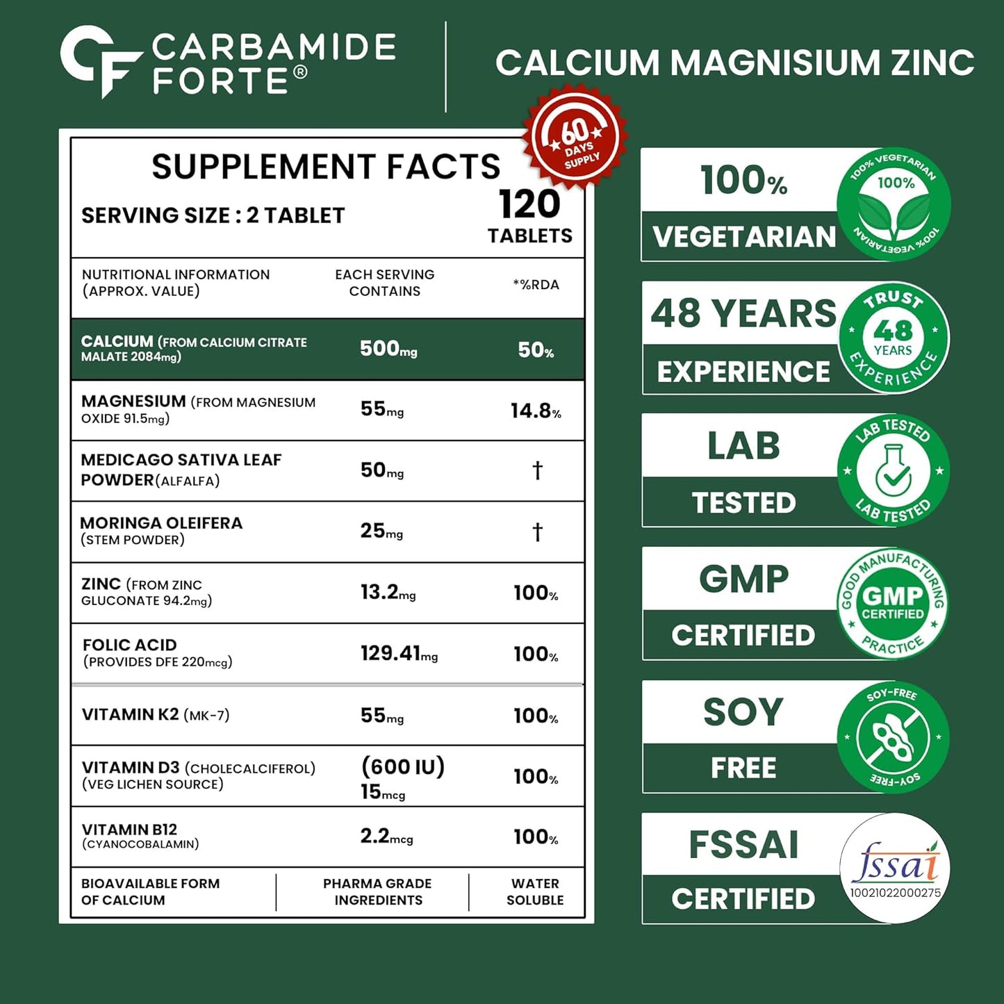 Carbamide Forte Calcium & Vitamin D3 Tablets | Calcium Magnesium Zinc - Bone Health & Joint Support - 120 Tablets, 227 Grams
