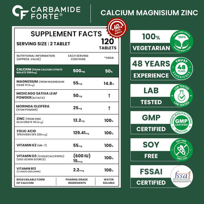 Carbamide Forte Calcium & Vitamin D3 Tablets | Calcium Magnesium Zinc - Bone Health & Joint Support - 120 Tablets, 227 Grams
