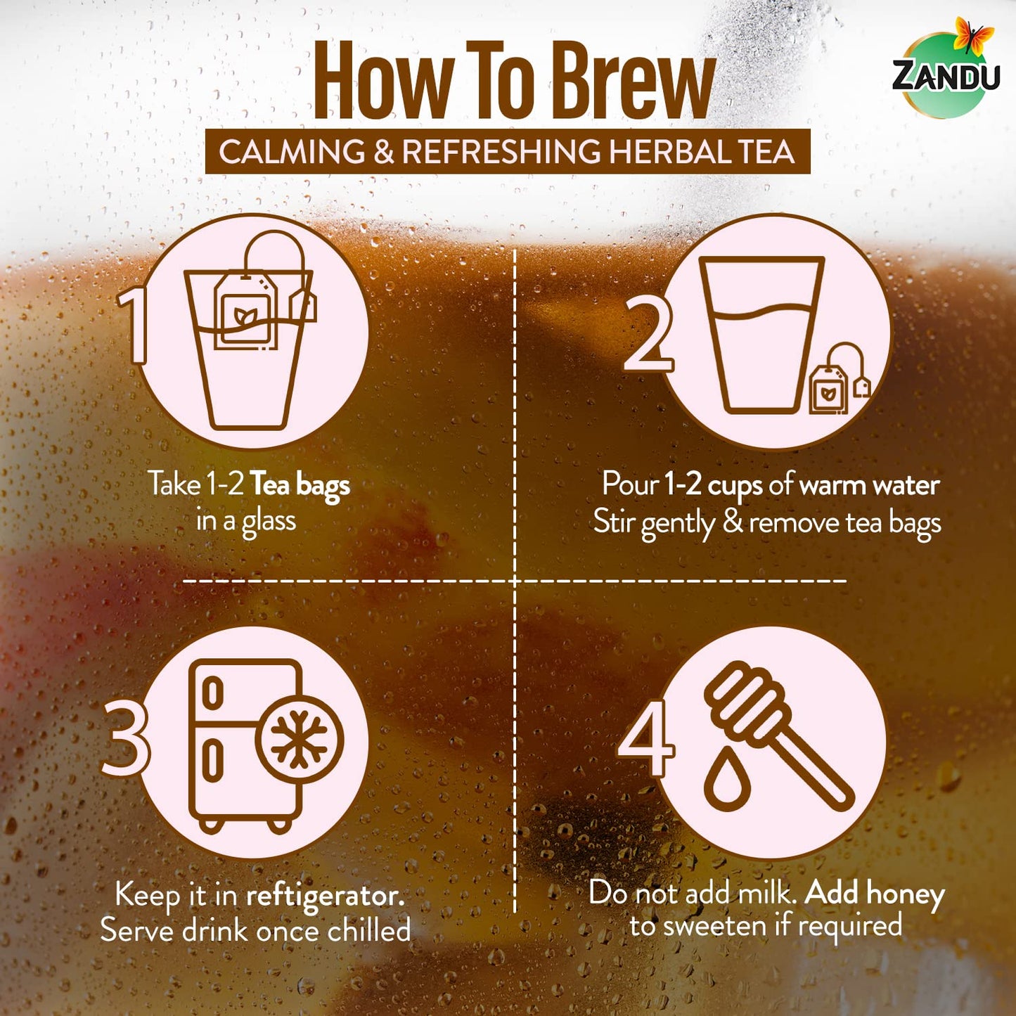Zandu Calming & Refreshing Herbal Infusion: 1st Ayurvedic Iced Herbal Tea With Taste & Health Benefits | Reduces Fatigue, Improves Skin Health & Promotes Digestion (25 Tea bags)