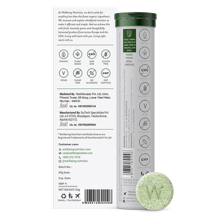 Wellbeing Nutrition Daily Greens (15 Effervescent Tablets) | Wholefood Multivitamins with Vitamin C, Zinc, B6 for Immunity & Detox with Organic Certified Plant Superfoods & Antioxidants
