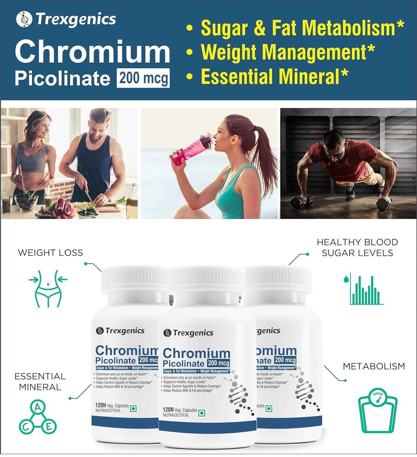 Trexgenics CHROMIUM PICOLINATE 200 mcg, elemental Chromium 48 mcg, powerful antioxidant (120 Veg Capsules))