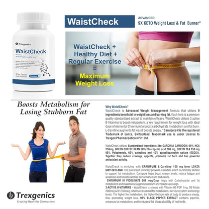Trexgenics Waistcheck 9X Keto Weight Loss Management with Carnipure 100 Mg (Lonza, Switzerland) , 60 Veg. Capsules