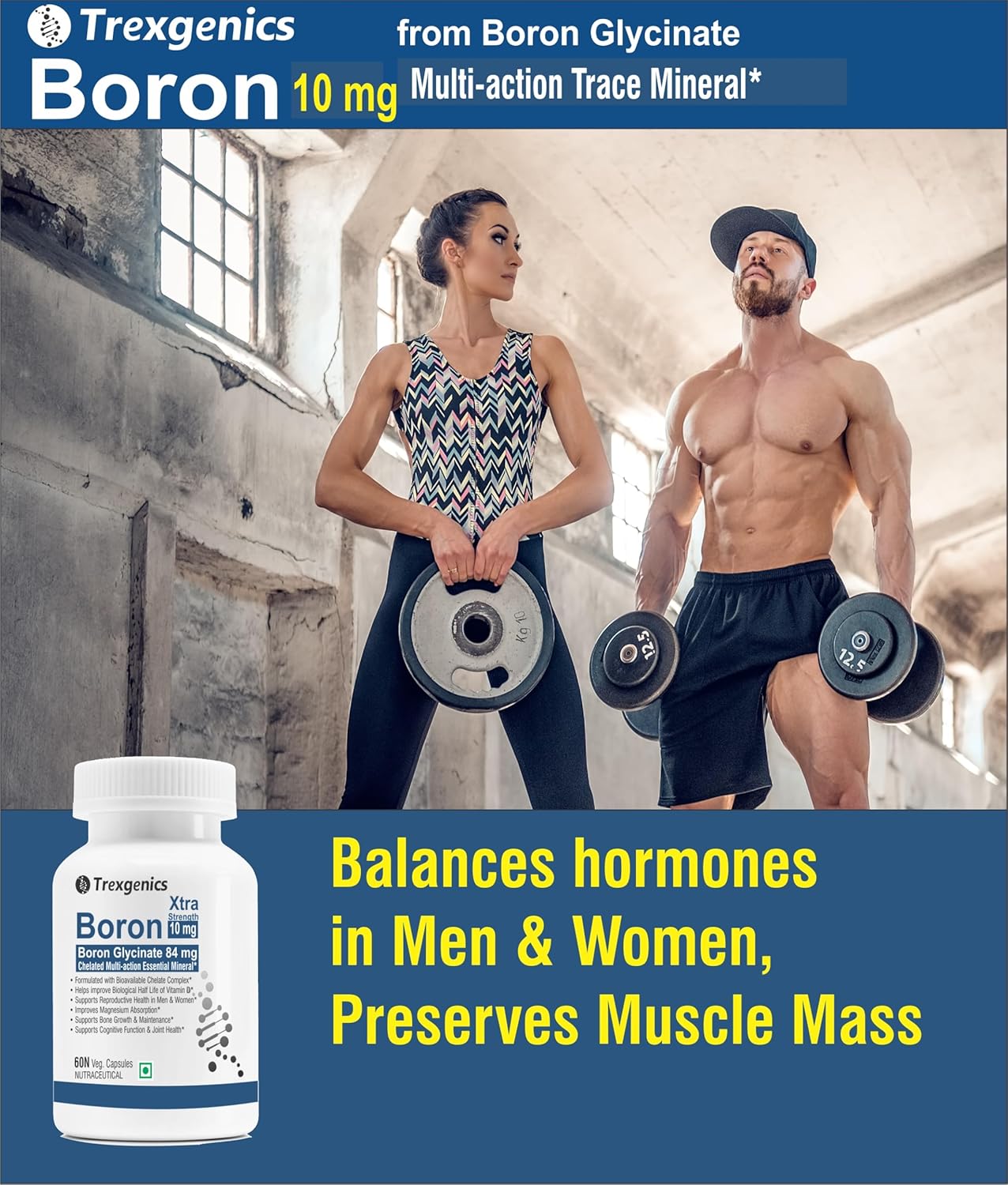 Trexgenics Boron 10 mg XTRA STRENGTH from Boron Glycinate Multi-action Mineral, Bone, Cognitive Function, Reproductive & Joint Health ((60 Veg Capsules)