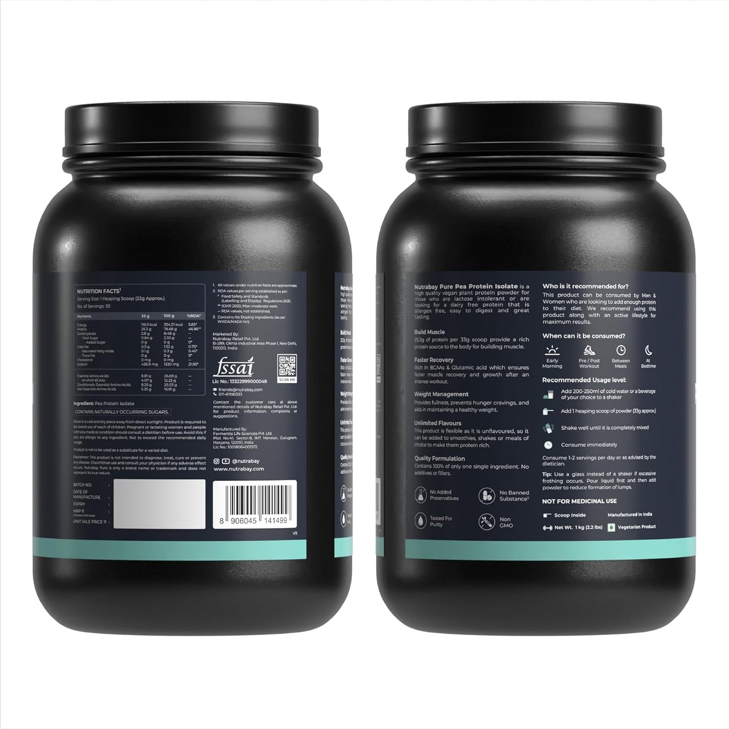 Nutrabay Pure Pea Protein Isolate - 25.3g Protein, 5g BCAA, Designed for Meal Supplementation, Easy to Digest Plant Protein for Muscle Growth & Recovery - 1 Kg Unflavoured, 30 Servings