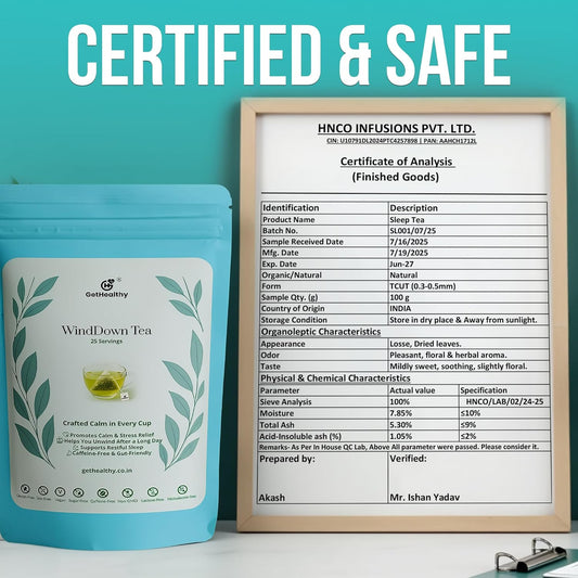 GetHealthy® WindDown Tea™ for Sleep | Caffeine Free Bedtime Herbal Blend with Chamomile, Ashwagandha & Lavender | Relaxing Sleep Tea for Nighttime Calm | Premium Chamomile Tea Bags | 25 Pyramid Bags