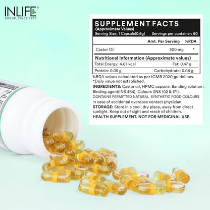 INLIFE Castor Oil Supplement for Hair and Skin, Natural Laxative, Quick Release, 500mg â€“ 60 Liquid Filled Vegetarian Capsules (Pack of 1, 60)