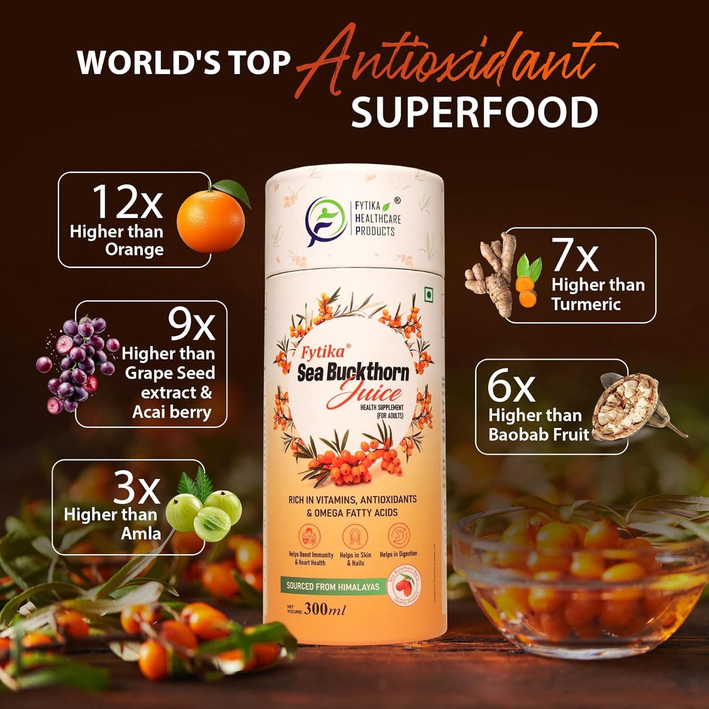 Fytika Sea Buckthorn Juice - 300 ML (PACK OF 1) | Pulp Concentrate Made for Your Total Body Care & Wellness | Rich in Vitamin C, Omega 3, 6, 7, 9 & Antioxidants | For Men & Women