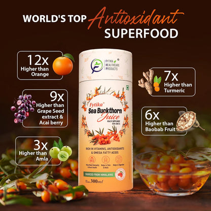 Fytika Sea Buckthorn Juice - 300 ML (PACK OF 1) | Pulp Concentrate Made for Your Total Body Care & Wellness | Rich in Vitamin C, Omega 3, 6, 7, 9 & Antioxidants | For Men & Women