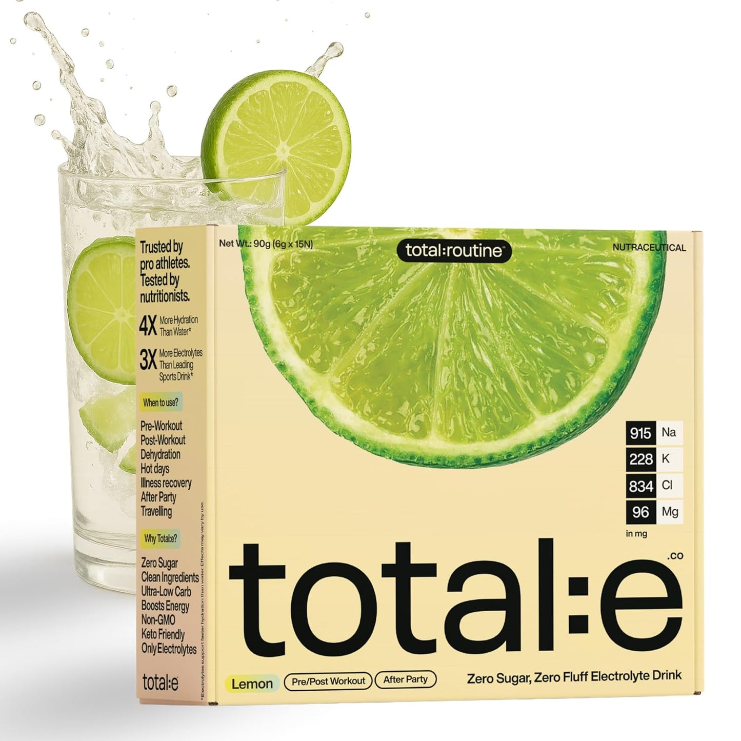 Total E Electrolyte Drink Mix | Zero Sugar Hydration Powder | Keto & Diabetic Friendly Vegan Electrolyte | Post workout Post Hangover Heat Summer Clean Label, Low Carb Sports Drink Alternative - 15 sachets