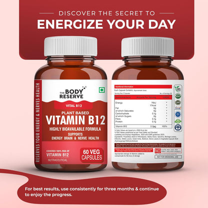 The Body Reserve Plant Based Vitamin B12 Supplement For Men & Women 60 Capsules Organic Vitamin B12 For Nerve And Brain Health Vegan Capsules, Daily One 60 Days Pack
