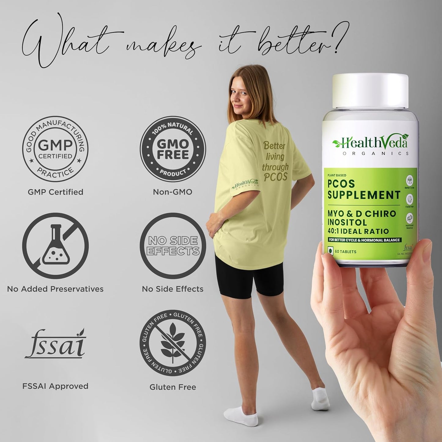 HEALTH VEDA ORGANICS PRIVATE LIMITED Plant Based Pcos With Myo-Inositol 2000Mg, D-Chiro-Inositol 50Mg|60 Veg Tablets|Healthy Regular Menstruation|For Women