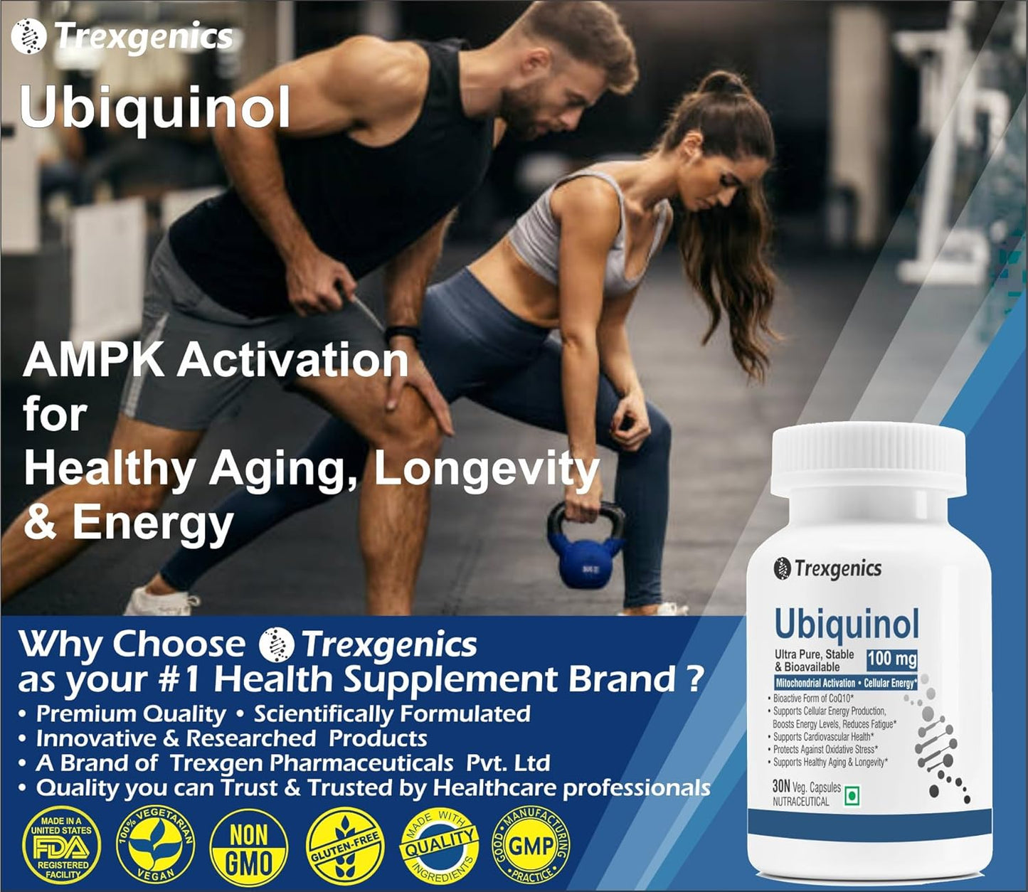 Trexgenics UBIQUINOL 100 mg, Ultra Pure, Stable, Bioavailable, Mitochondrial Function, Cellular Energy, Longevity, Antioxidant (30 Veg Capsules)