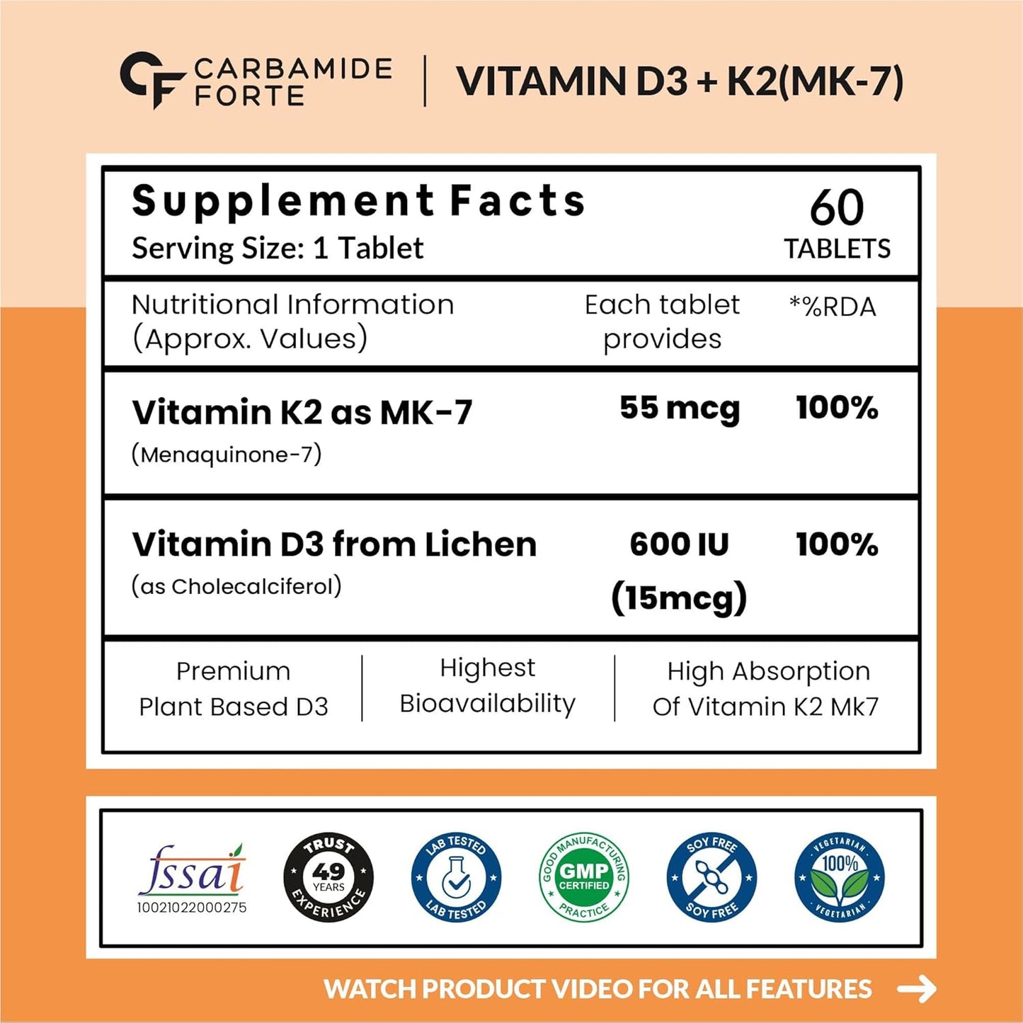 Carbamide Forte Vitamin D3 K2 Supplement | Vitamin K2 MK7 To Support Bone & Heart Health | Veg D3 - Lichen - 60 Tablets
