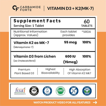 Carbamide Forte Vitamin D3 K2 Supplement | Vitamin K2 MK7 To Support Bone & Heart Health | Veg D3 - Lichen - 60 Tablets