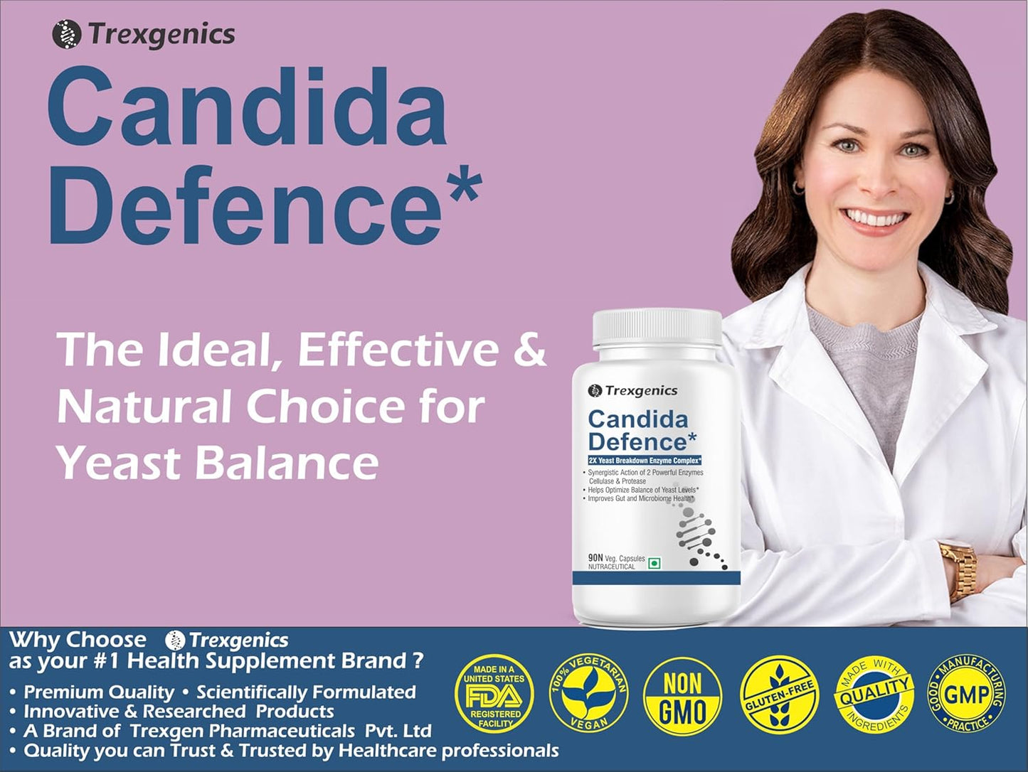 Trexgenics CANDIDA DEFENCE, Synergistic Action 2X Yeast Breakdown Complex Cellulase and Protease (90 Veg. Capsules) (Pack of 1)
