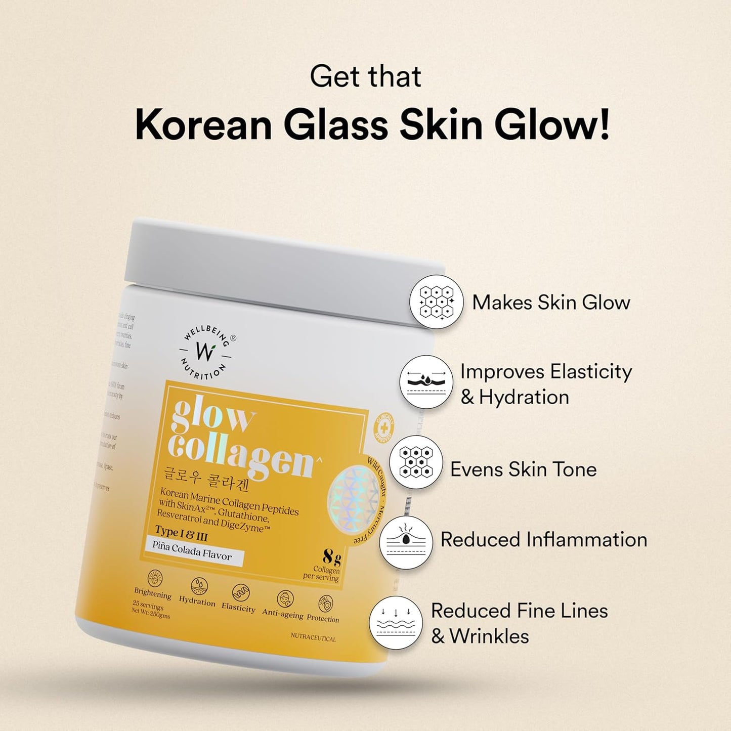 Wellbeing Nutrition Glow Collagen with Glutathione | Collagen Supplements for Women & Men | Marine Collagen Powder with SkinAxÂ², Resveratrol, Bromelain & Goji Berry | 250g - Pina Colada Flavor