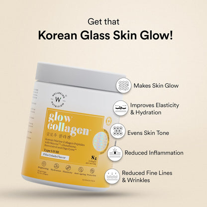 Wellbeing Nutrition Glow Collagen with Glutathione | Collagen Supplements for Women & Men | Marine Collagen Powder with SkinAxÂ², Resveratrol, Bromelain & Goji Berry | 250g - Pina Colada Flavor