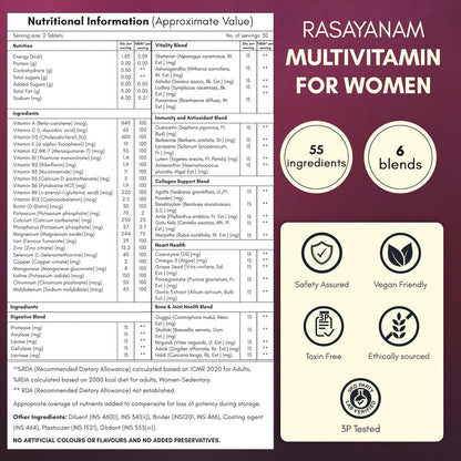 Rasayanam Multivitamin for Women | 55 Ingredients with 100% RDA of Essential Vitamins & Minerals | Energy, Hair, Skin, Hormonal, Bone & Immunity Support | Daily Multivitamin Tablets for Women With Collagen & Antioxidants Blend - 60 Tablets