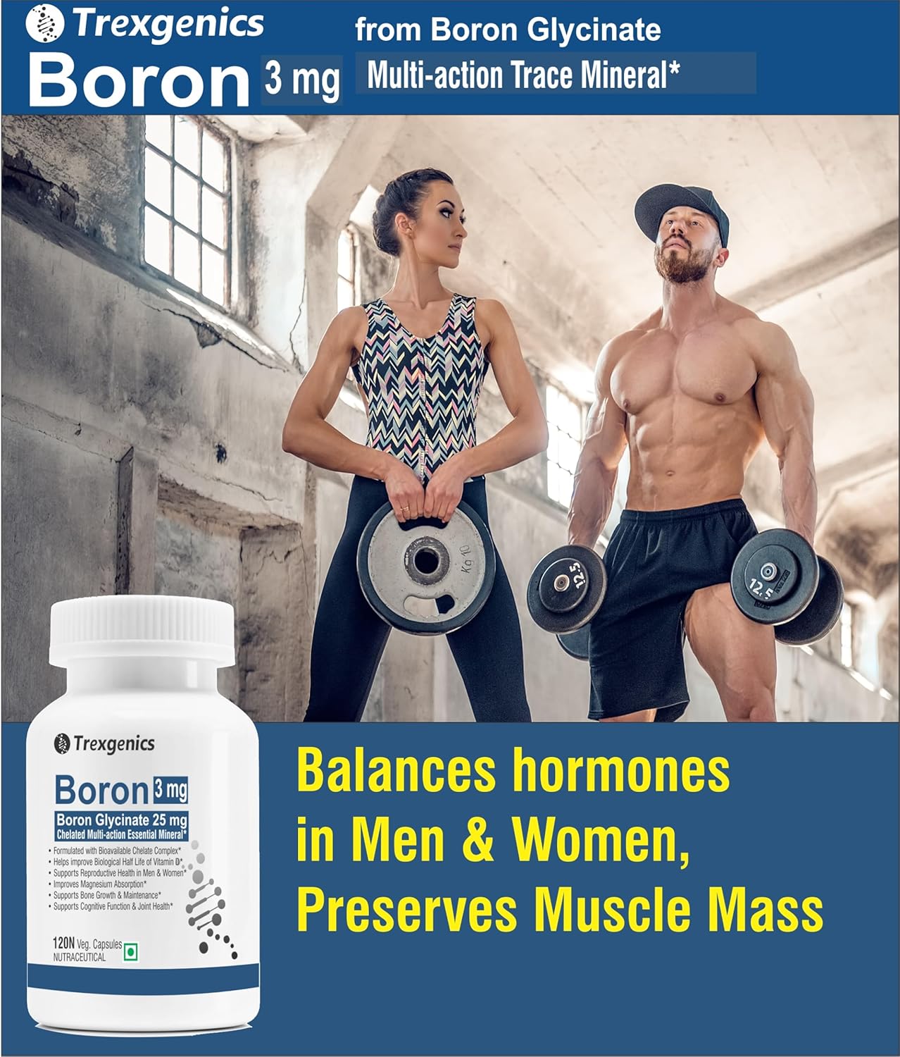 Trexgenics Boron 3 mg from Boron Glycinate 25 mg Multi-action Mineral, Bone, Cognitive Function & Joint Health (120 Veg Capsules)