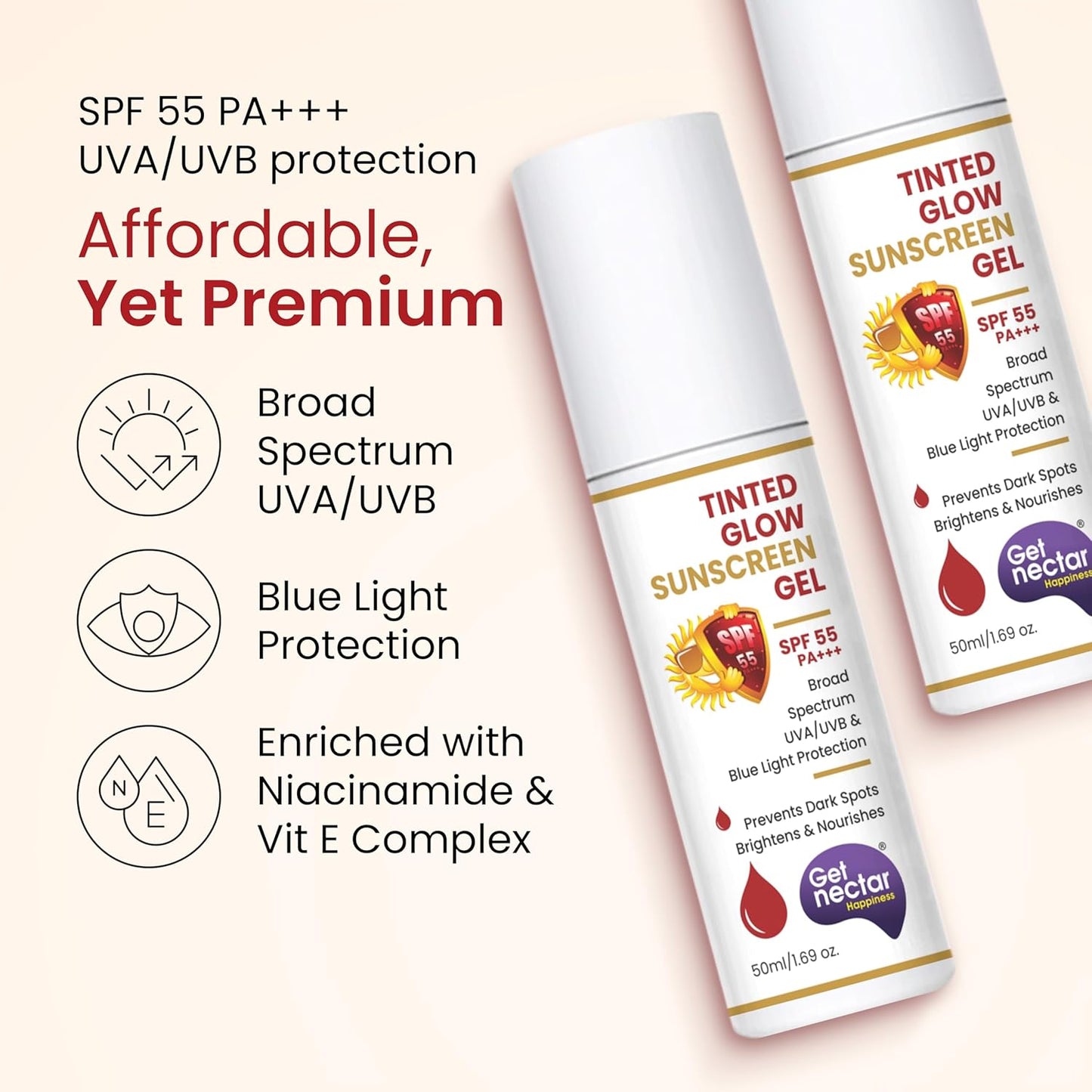 Get Nectar Happiness Tinted Sunscreen SPF 55 PA+++ | Broad Spectrum UVA & UVB Protection | Non-Comedogenic | Suitable for All Skin Types 50ml