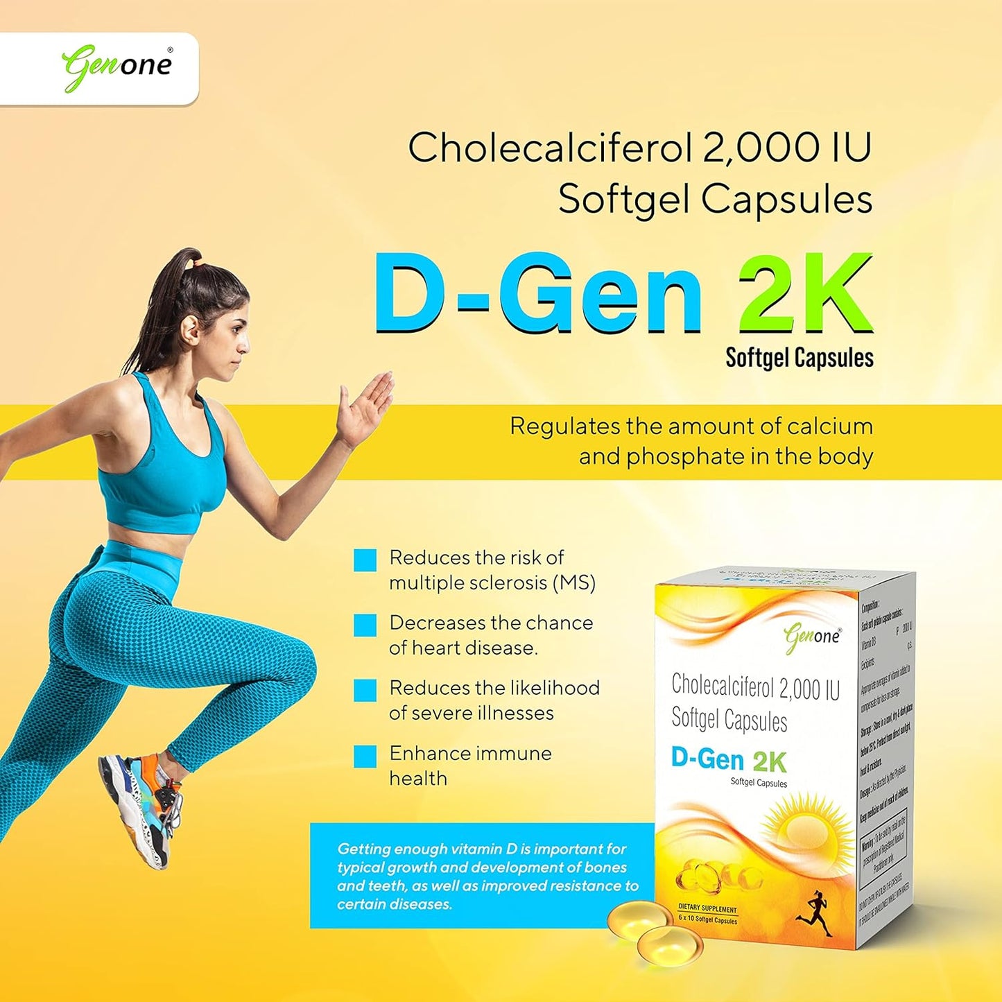 Genone DGen 2k Vitamin D3 Capsules for Strong Bones and Immunity (60 Capsules)