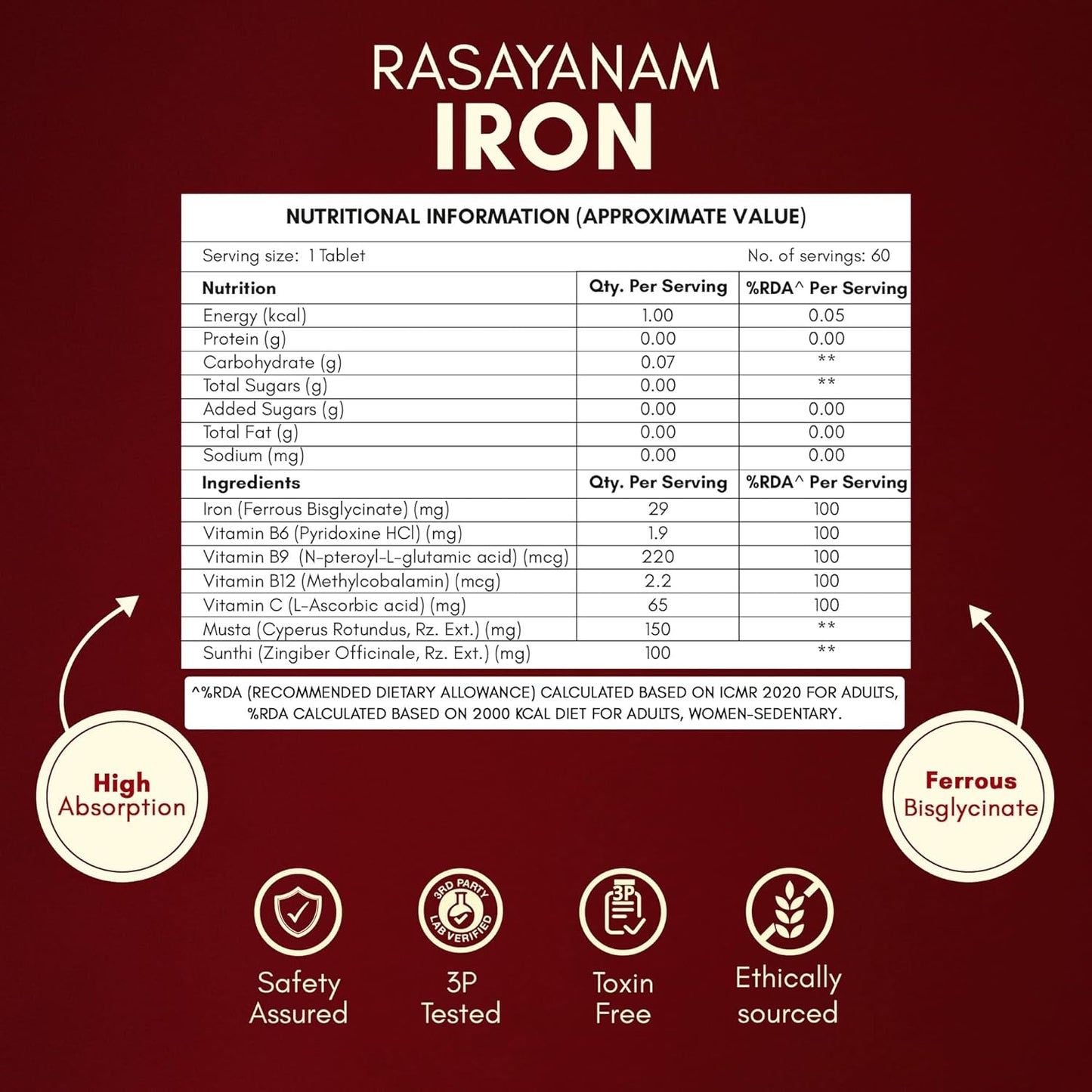 Rasayanam Iron Supplement for Women & Men | Ferrous Bisglycinate with 4X Absorption | Vitamin C & B-Complex | Easy Digestion, Boosts Hemoglobin & Energy