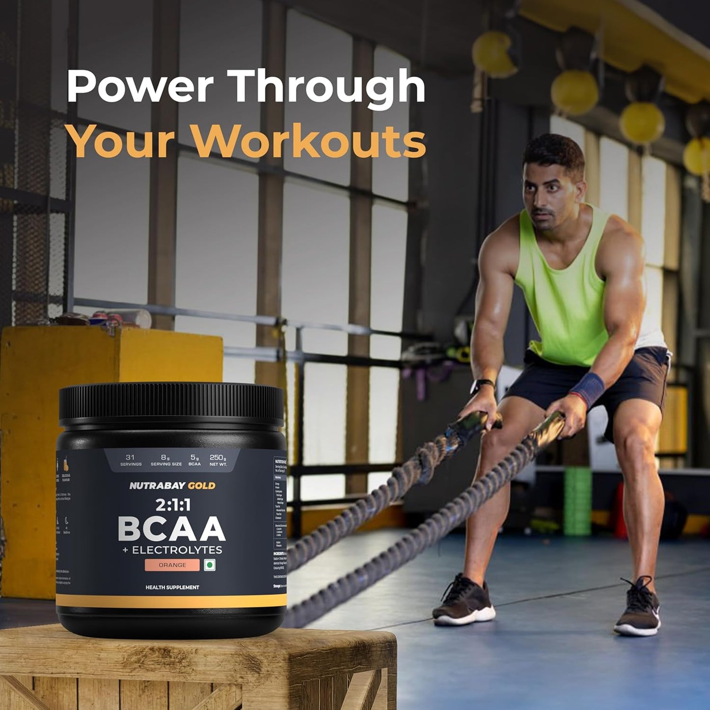 Nutrabay Gold BCAA 2:1:1 with Electrolytes 5000 mg Vegan BCAAs per Serving â€“ Pre/Post Workout Energy Drink for Muscle Build Up, Faster Recovery - Tested for Purity - No Banned Substancesâ€“ 250g, Orange