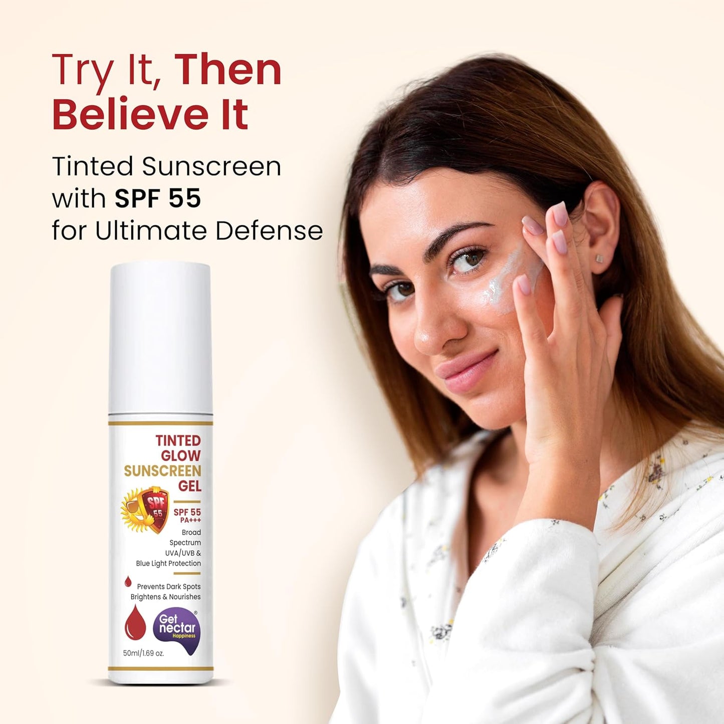 Get Nectar Happiness Tinted Sunscreen SPF 55 PA+++ | Broad Spectrum UVA & UVB Protection | Non-Comedogenic | Suitable for All Skin Types 50ml