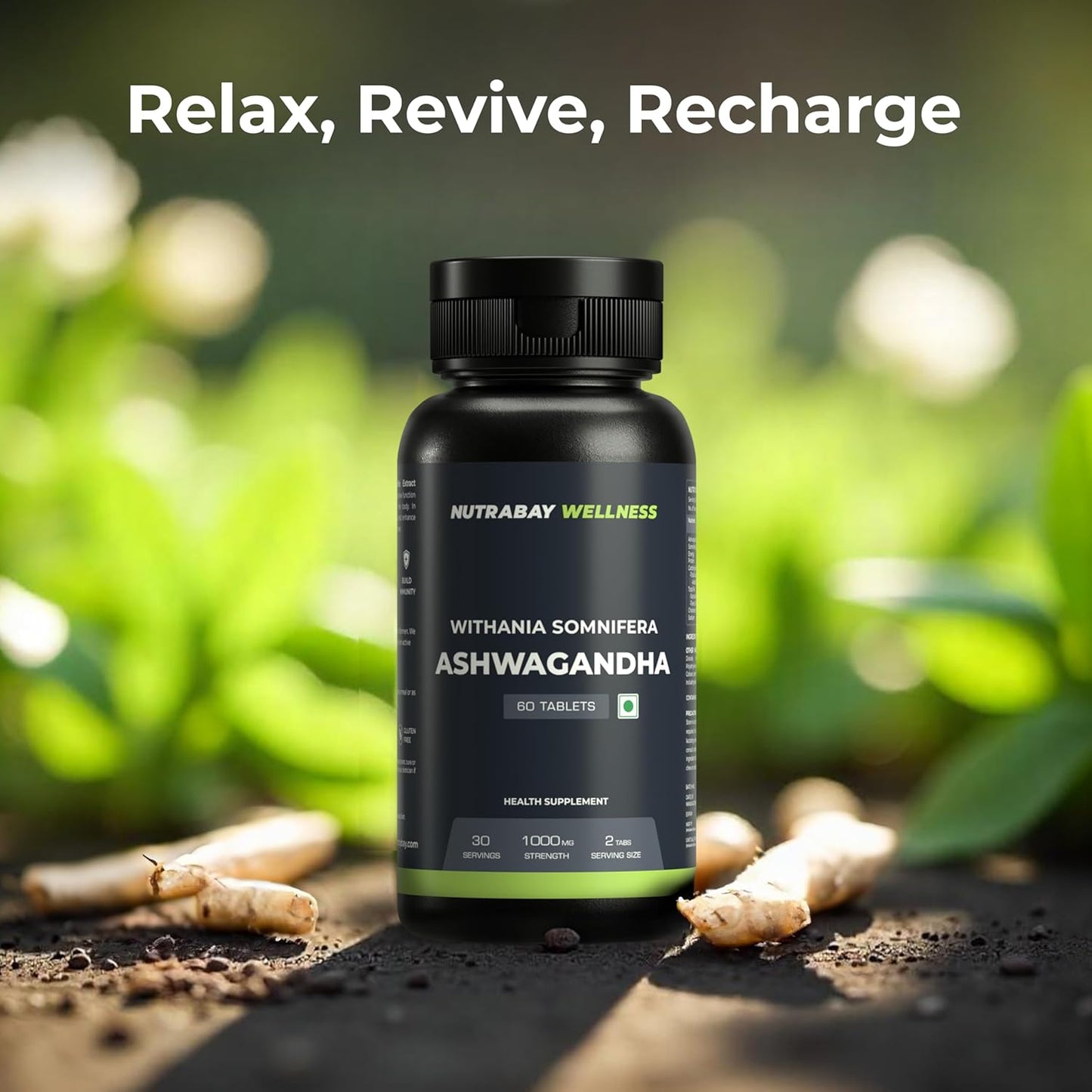 Nutrabay Wellness Ashwagandha Extract Tablet (Withania Somnifera), Enhances Energy, Stamina, Immunity | Anxiety & Stress Relief, 1000mg - 60 Veg Tablets