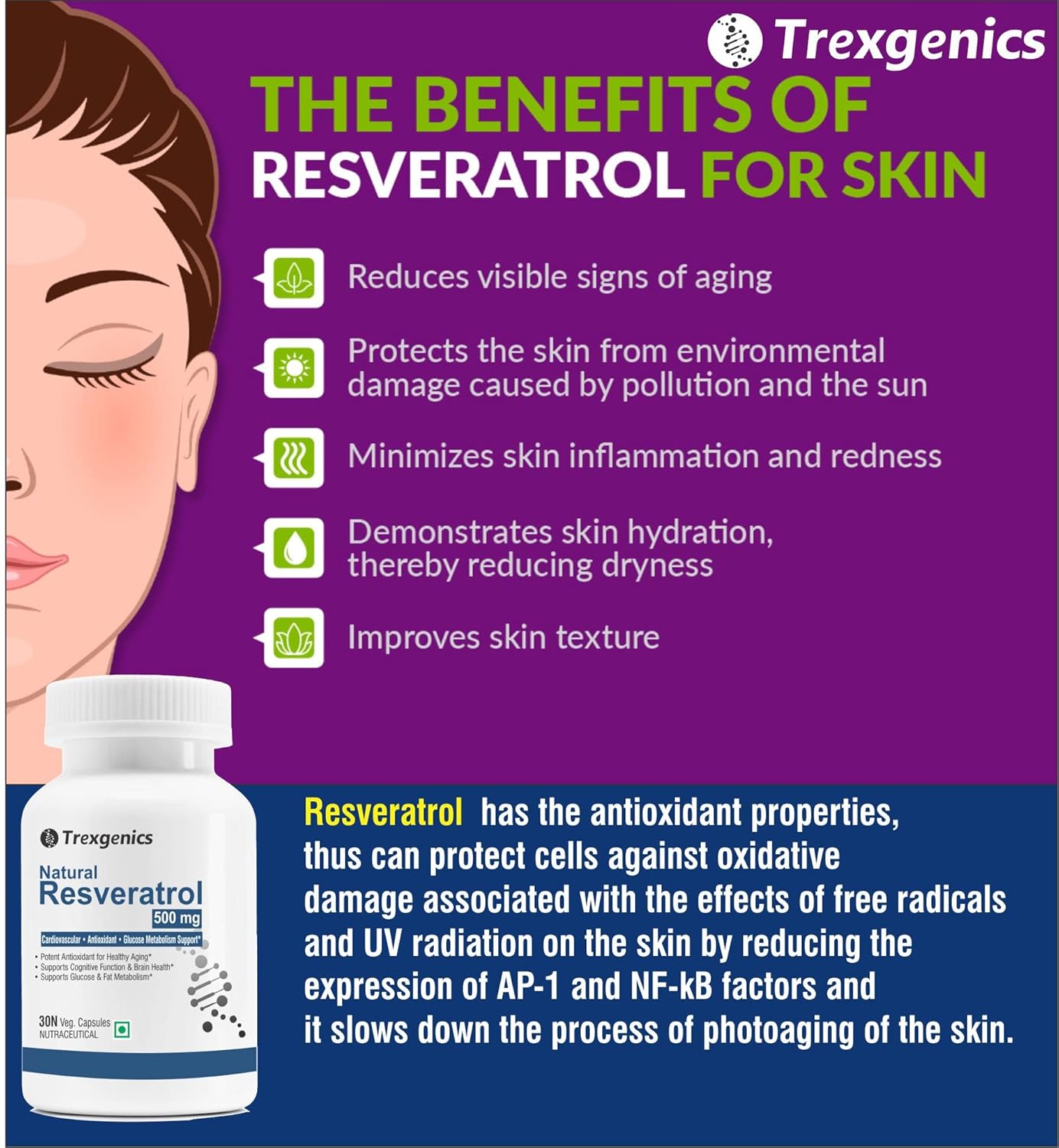 Trexgenics Natural RESVERATROL 500 mg Cardiovascular Health, Antioxidant & Glucose Metabolism VEGAN & NON-GMO (30 Veg. Capsules) (Pack of 1)