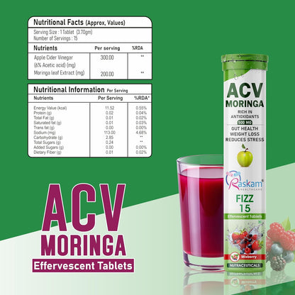 ACV Moringa Effervescent Tablets | Fizz 15 Tablets in Mixberries Flavour | Natural Energy & Immunity Booster with Antioxidants to Control Cravings | 500mg (Pack of 1)