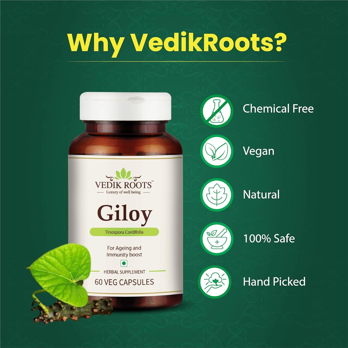 Giloy Capsules, Natural Giloy, Antioxidant Properties, Ayurvedic Supplement, Immunity Booster, Health and Wellness- 60 Capsules (Pack of 1)
