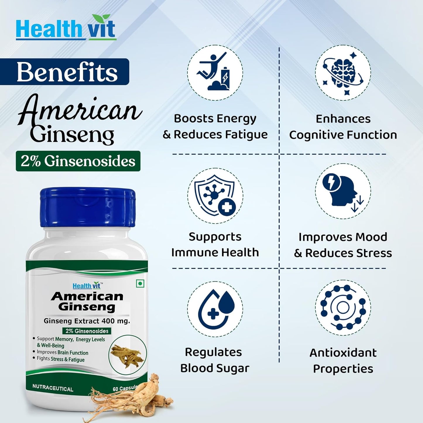 Healthvit American Ginseng 400mg (2% Ginsenosides) | Supports Brain Function, Boosts Immunity, Energy & Memory | Vegan & Gluten Free | 60 Capsules