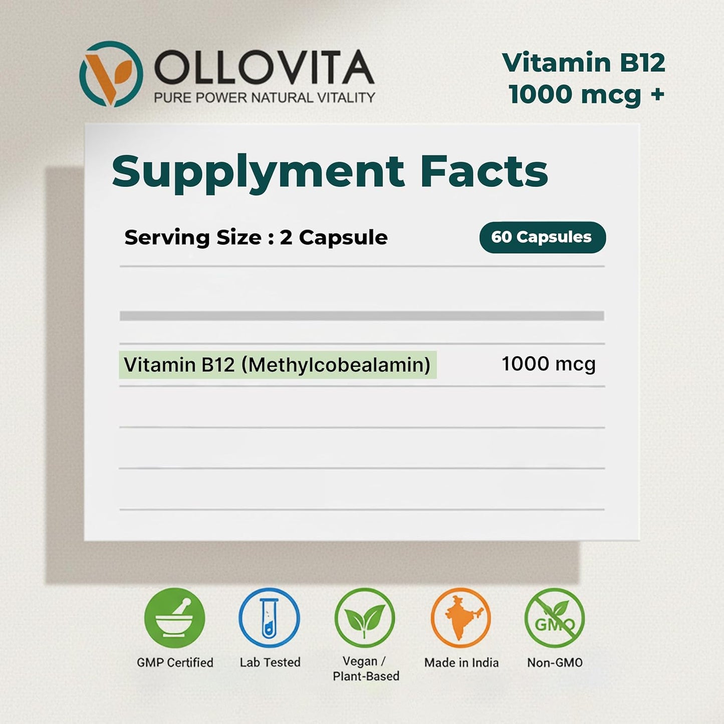 Vitamin B12 Supplement â€“ 1000mcg Plant-Based Veg Capsules for Energy, Metabolism & Nerve Support | Boosts Vitality & Wellness | Supports Red Blood Cells | 60 Capsules
