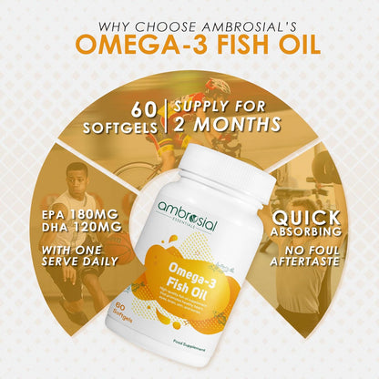Ambrosial Omega 3 Fish Oil Capsules 1000mg Omega3 capsule with 180 mg EPA & 120 mg DHA No Fishy Burps |Omega3 Capsules for Men & Women to Support Healthy Heart Brain & Bones (Pack of 1-60 Softgels)
