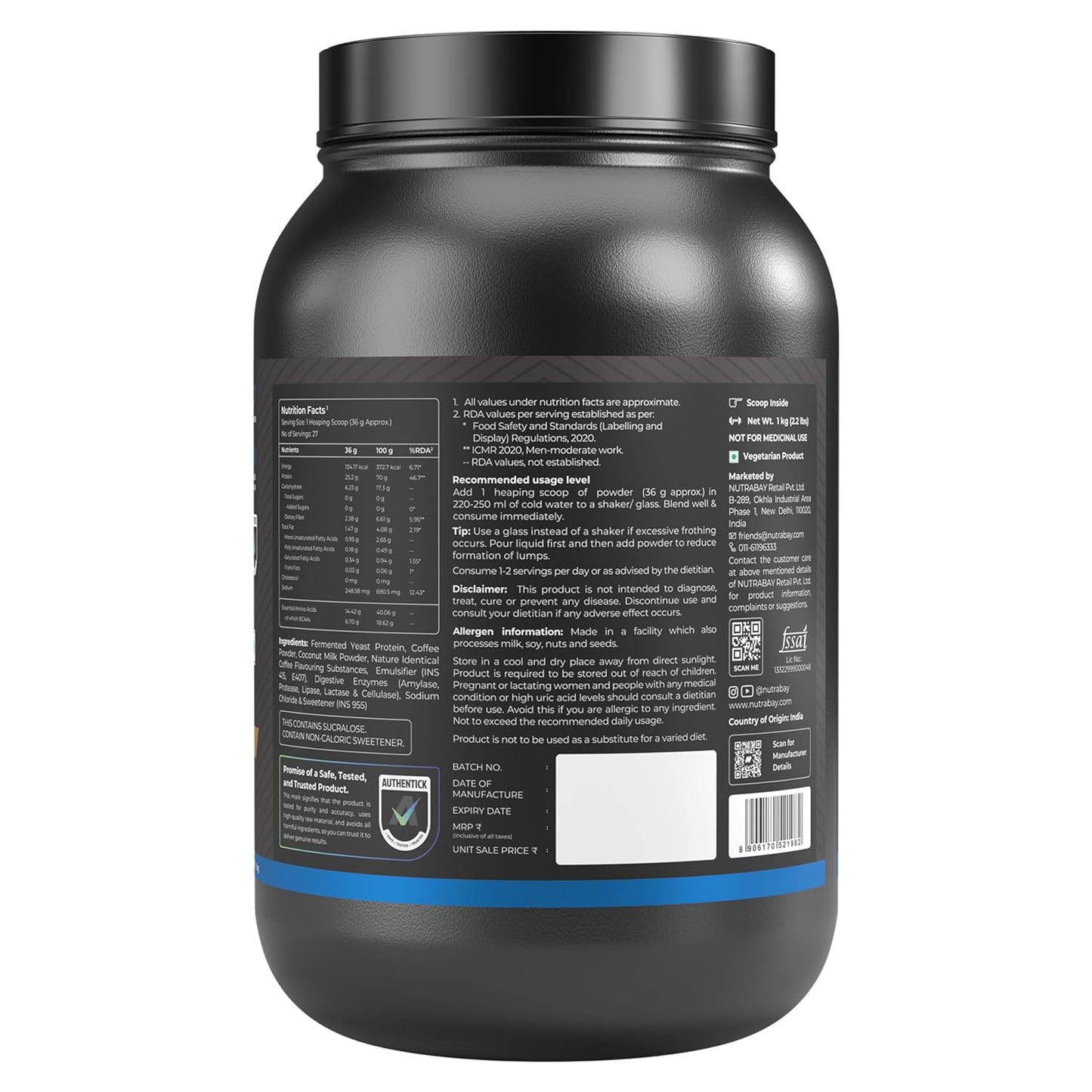 Nutrabay Yeast Protein Powder - 1kg, Cold Coffee | 25g Protein & 6.7g BCAA Per Scoop | All 9 EAAs | PDCAAS of 1 | Lactose Free, Soy Free | Superior Muscle Growth & Recovery