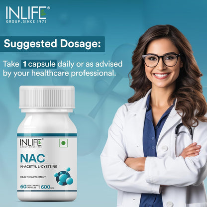 INLIFE N Acetyl Cysteine NAC Supplement 600mg | Antioxidant, Supports Liver & Respiratory Health - 60 Vegetarian Capsules (Pack of 1)