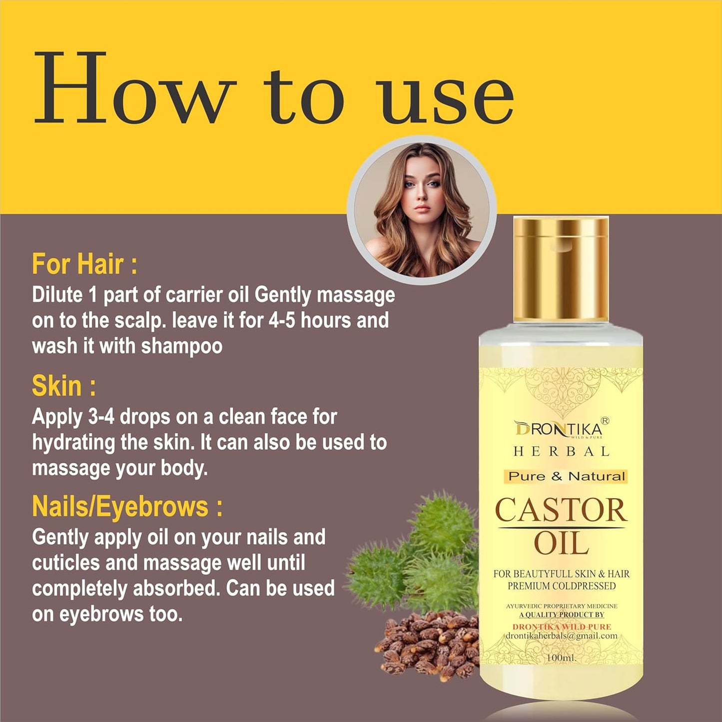 DRONTIKA Herbal 100% Pure Castor Oil - Cold Pressed - For Stronger Hair, Skin & Nails - No Mineral Oil & Silicones, 200 ml (Pack Of 2)