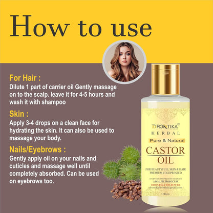 DRONTIKA Herbal 100% Pure Castor Oil - Cold Pressed - For Stronger Hair, Skin & Nails - No Mineral Oil & Silicones, 200 ml (Pack Of 2)