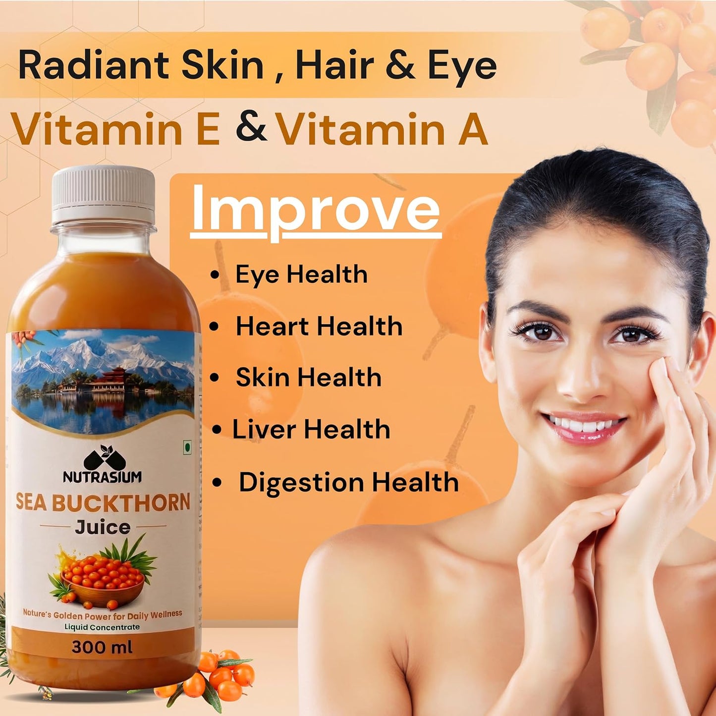 Nutrasium Sea Buckthorn Juice - 300 ml | Pulp Concentrate Made for Your Total Wellness Support |Natural Source of Vitamin C, Omega 3 6 7 9, Antioxidants For Immunity, Skin Glow & Gut Health