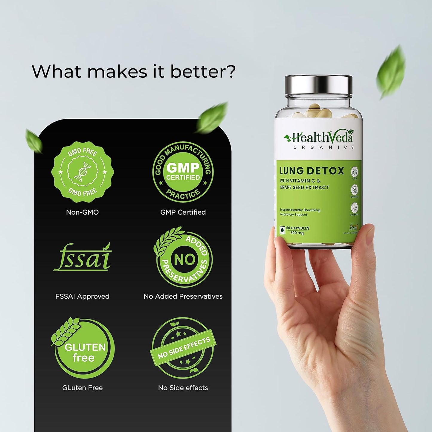 HEALTH VEDA ORGANICS PRIVATE LIMITED Lung Detox With Vitamin C & Grape Seed Extract | 60 Veg Capsules | Supports Healthy Breathing | For Detoxification Of Lungs & Immunity | For Both Men & Women