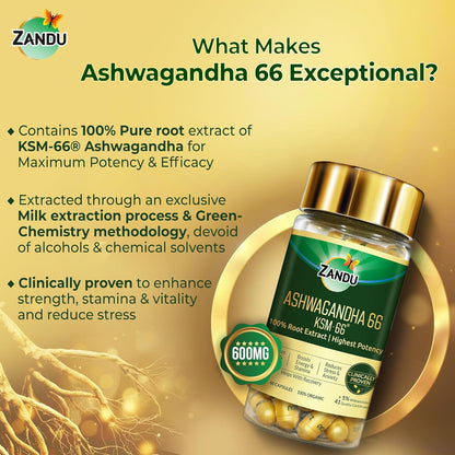 Zandu Ashwagandha KSM-66 (600 mg high dose formula) Tablets | Clinically Proven for 72% Decrease in stress and anxiety levels I Boosts Energy & Strength | 60 tablets I 100% Pure Root Extract