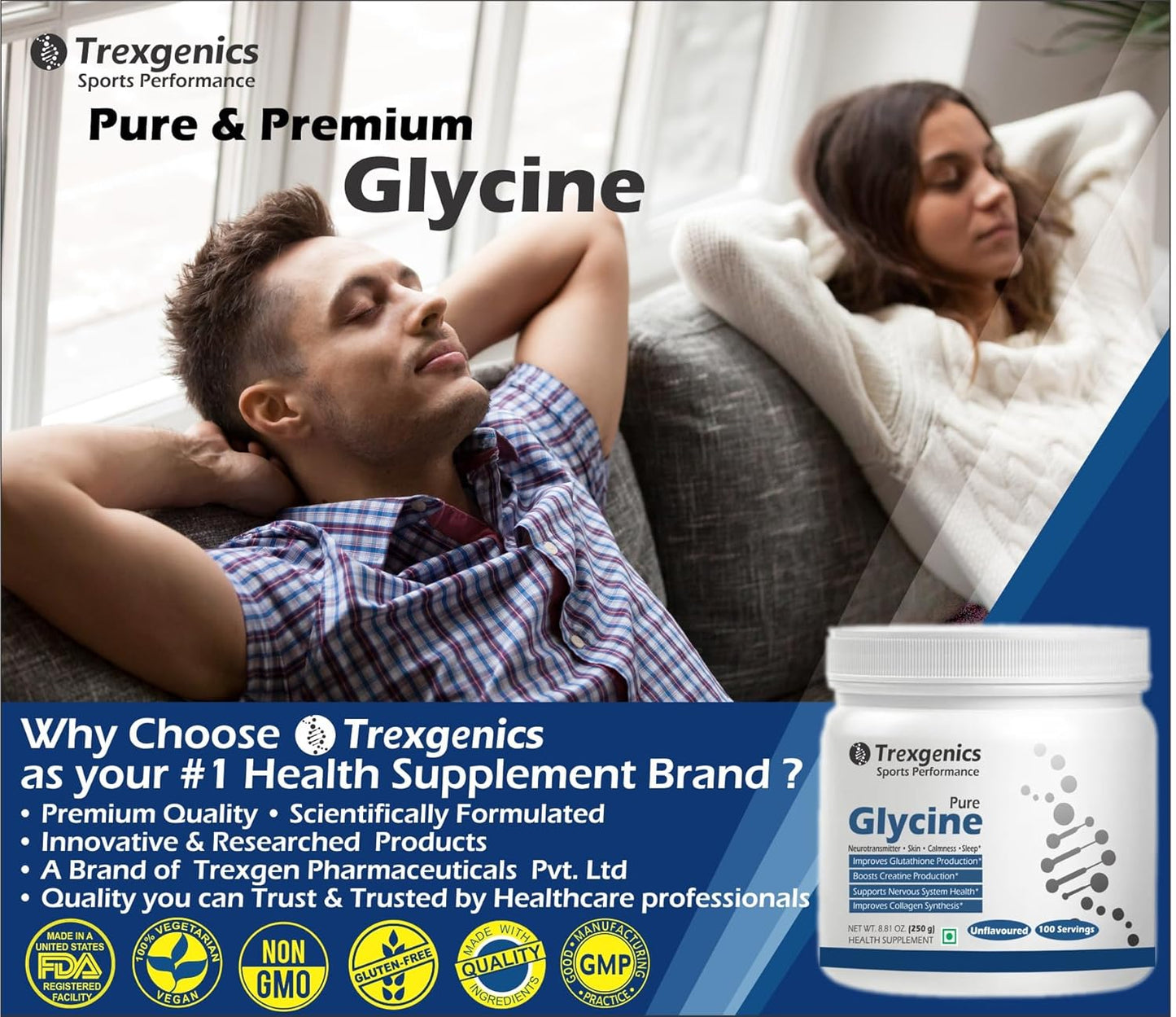 Trexgenics GLYCINE Pure Powder (100 Servings) Neurotransmitter, Skin, Calmness, Sleep, Relaxation Support (250 Gram)