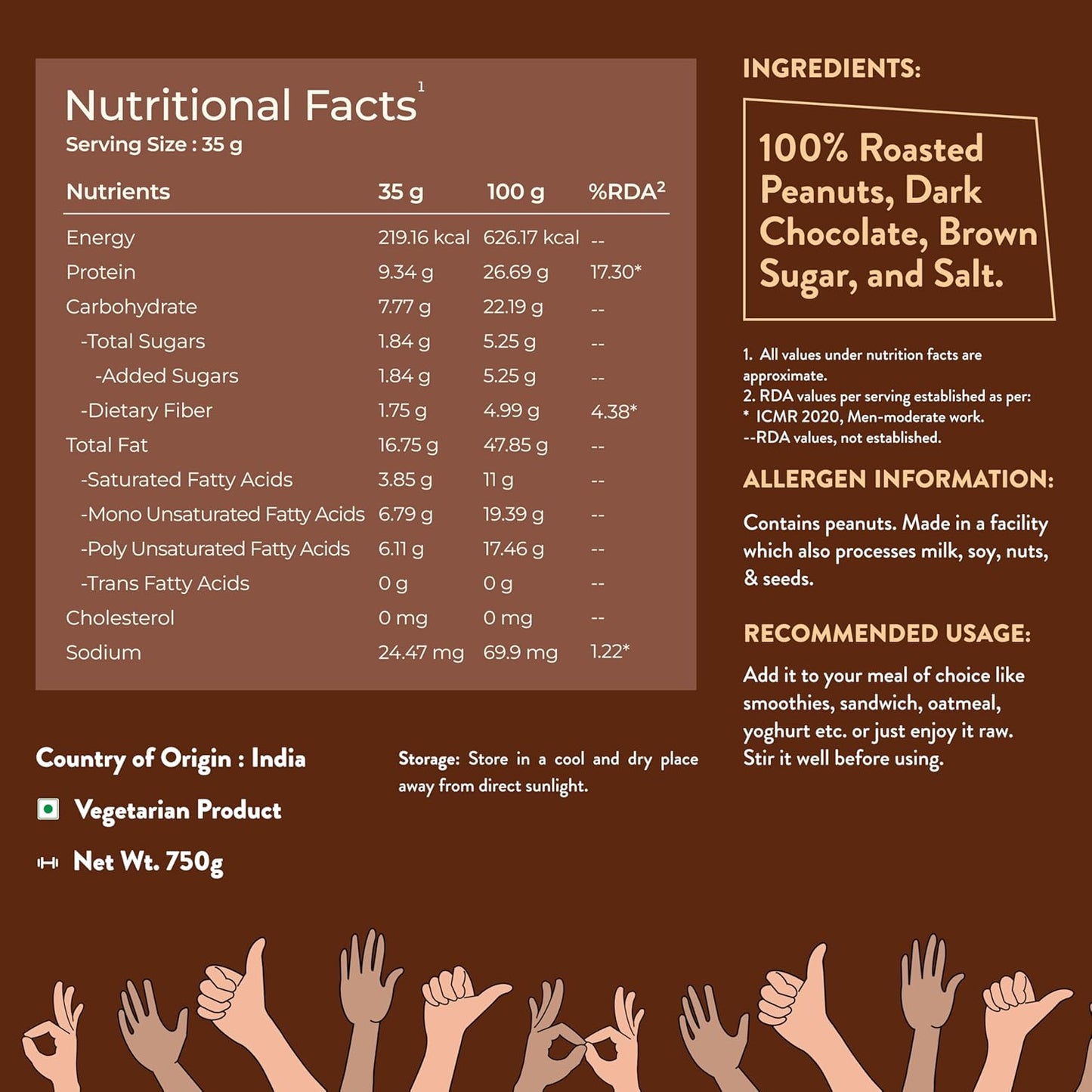 Nutrabay Foods Peanut Butter (Creamy) - Chocolate Intense, 750g | 100% Roasted Peanuts, 22g Protein, Zero Cholesterol, Vegan, Gluten Free, Non GMO