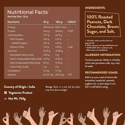Nutrabay Foods Peanut Butter (Creamy) - Chocolate Intense, 750g | 100% Roasted Peanuts, 22g Protein, Zero Cholesterol, Vegan, Gluten Free, Non GMO